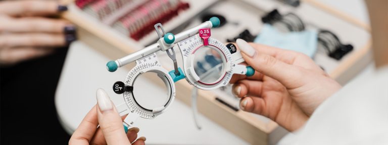 Adjusting the settings on a pair of trial frames at Jonathan Fransman Optometrists